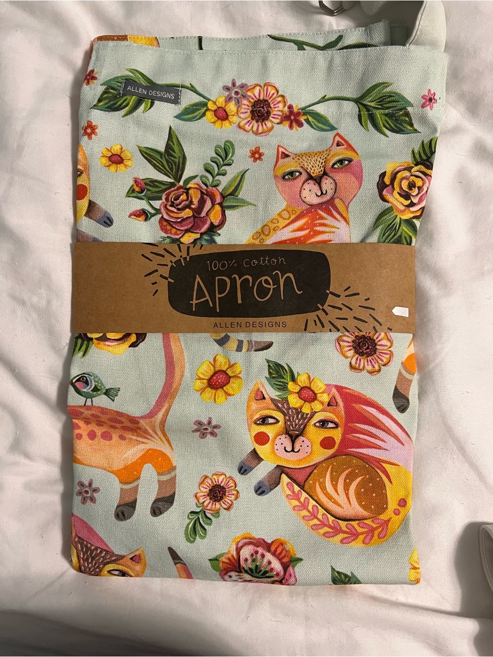 Floral Cat Cotton Apron in Light Blue